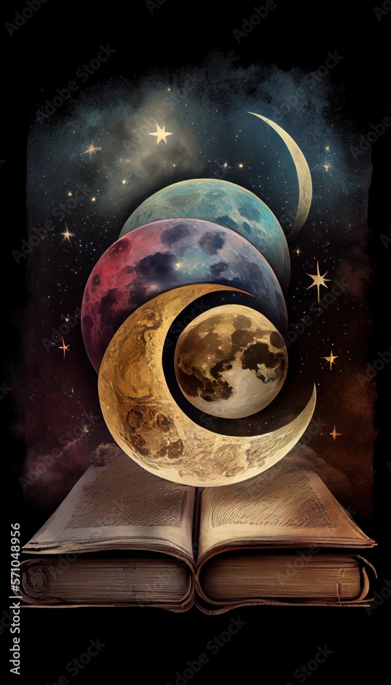 Wall mural astrology or astronomy book of the universe - opened old witch magic book with moon phases.