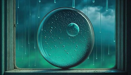  a picture of a window with rain drops on the window pane and a blue sky with clouds and a green circle with a drop of water.  generative ai
