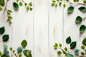  Old white wooden background with green leaves, watercolor style AI Generated