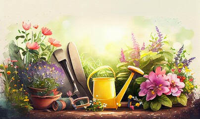  Garden Flowers, Plants and Tools on a Sunny Background. Spring Gardening Works Concept, watercolor style AI Generated - obrazy, fototapety, plakaty