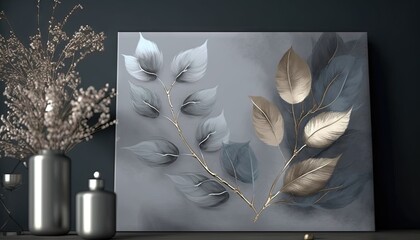  a painting of leaves on a wall next to a vase with flowers in it and a candle on a table with a vase of flowers.  generative ai