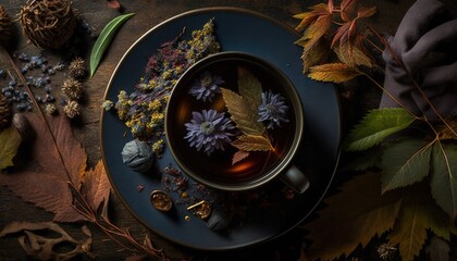  a cup of tea surrounded by autumn leaves and dried flowers on a blue saucer on a dark surface with a napkin and a candle.  generative ai