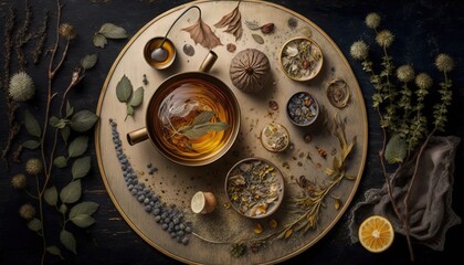  a plate with a cup of tea and some dried herbs and orange slices on it, surrounded by dried herbs and other herbs and leaves.  generative ai