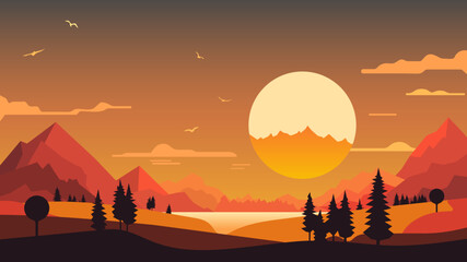 Cartoon nature landscape with sun and mountains. Vector illustration.