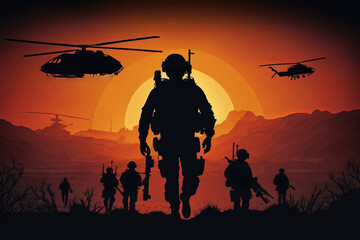 Fototapeta na wymiar Silhouette of military operation at sunset. Generative AI 