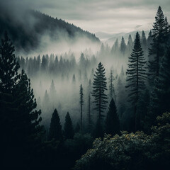 A dense forest with long trees, fog and mountains, AI generated