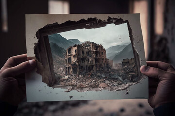 A person holding a photo of a loved one who was lost in the earthquake generative AI 