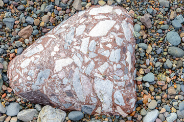 A closeup of a well weathered conglomerate rock on a beach. The rock is rounded and worn, and is composed many smaller rocks.