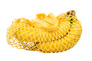 a string bag with bananas isolated on a white background.