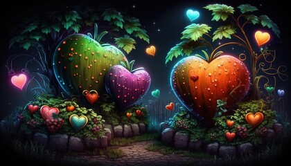  a painting of a heart shaped garden with plants and hearts on the ground, and a path leading to the heart - shaped bushes and trees.  generative ai