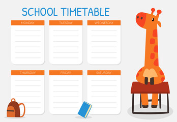 Naklejka na ściany i meble School Timetable with Cute Giraffe Animal Sitting at Desk Learning Vector Template