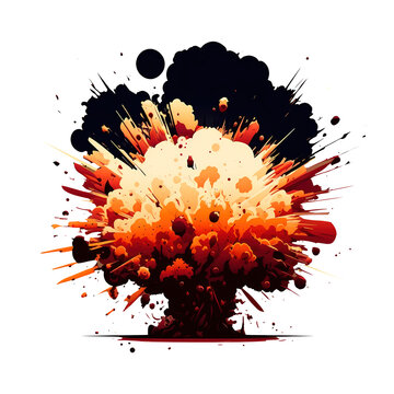 Cartoon fiery explosion with streaks. Large fireball with black smoke cutout PNG