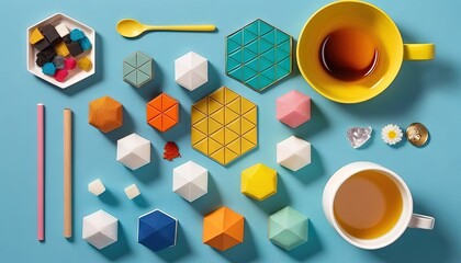  a cup of tea next to a variety of geometric objects on a blue surface with a spoon and spoon rest on top of the cup.  generative ai