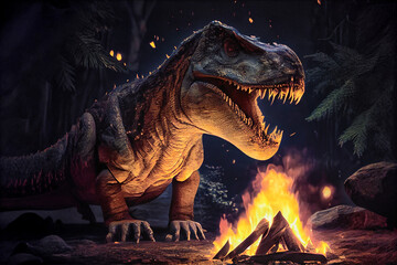 A dinosaur lighting a campfire. Generative AI.
