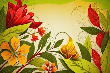 Spring leaves and yellow and red flowers background - spring design banner, ai