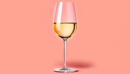  a glass of white wine on a pink background with a reflection of the wine in the wine glass is half empty and half full of wine.  generative ai