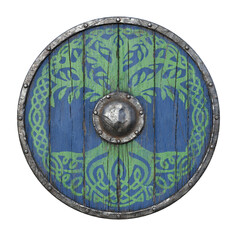 Painted round shield of wood and metal.