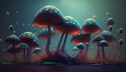  a painting of a group of mushrooms in a forest with a bright light coming from behind them and on the ground in the middle of the picture.  generative ai