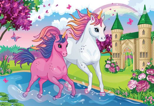 Beautiful unicorns. Fairy tale background with princess castle, horse or little pony. Fabulous flower meadow with lake, rainbow. Cartoon illustration for children's print, Wallpaper, puzzles. Vector.