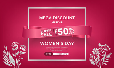 International Women's Day sale poster. 8 March post on red background. Template for banner sale, invitation, stories, streaming. Flowers tulips bouquet. Social media story mockup.