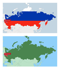 Russia map with pin of country capital. Two types of Russia map with neighboring countries.