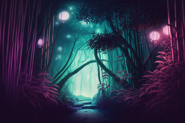 Fototapeta na wymiar Digital realistic neon enchanted bamboo forest