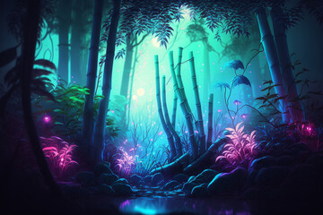 Fototapeta na wymiar Digital realistic neon enchanted bamboo forest