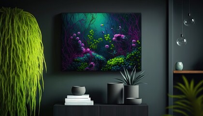  a painting on a wall next to a potted plant and a plant in a vase on a shelf in a room with a green wall.  generative ai