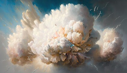  a painting of a bunch of clouds in the sky with lightning coming out of them and a blue sky with clouds and lightnings in the background.  generative ai