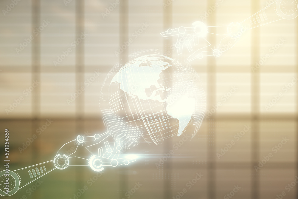 Aufkleber Abstract virtual robotics technology hologram with globe on modern interior background, artificial intelligence and machine learning concept. Multi exposure