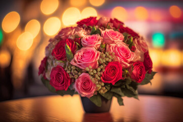 Fototapeta premium beautiful bouquet of roses in a vase over a defocused restaurant or cafe background, romantic gift, love and romance concept, created with generative AI