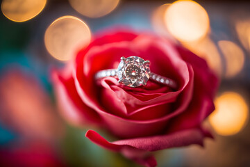 beautiful diamond engagement ring inside a red rose, romantic gift concept created with generative AI