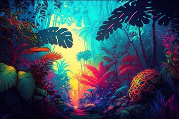Fototapeta na wymiar illustration, fantasy world tropical jungle, ai generative