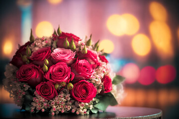 beautiful bouquet of roses on a table over a defocused restaurant or cafe background, romantic gift, love and romance concept, created with generative AI