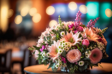 gorgeous bouquet of flowers on a table over a defocused restaurant or cafe background, romantic gift, love and romance concept, created with generative AI