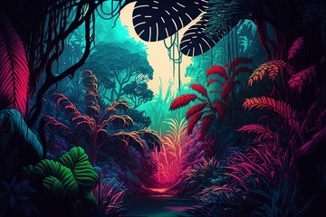 illustration, fantasy world tropical jungle, ai generative
