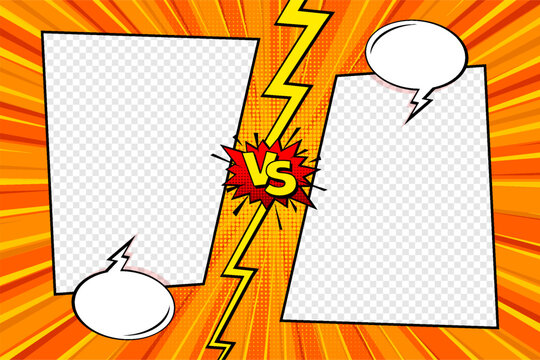 Cartoon comic background with blank place for your design. Fight versus. Comics book colorful competition or challenge poster mockup. Retro Pop Art style. Vector illustration