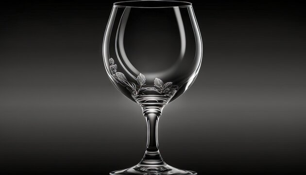  a wine glass with a design on the bottom of the glass is shown in black and white, with a black background and a black background.  generative ai
