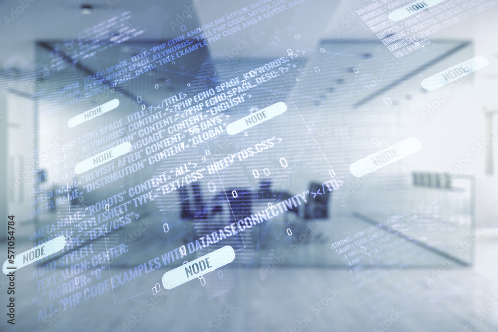 Poster abstract virtual coding concept and world map hologram on a modern furnished office background. mult