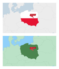 Poland map with pin of country capital. Two types of Poland map with neighboring countries.