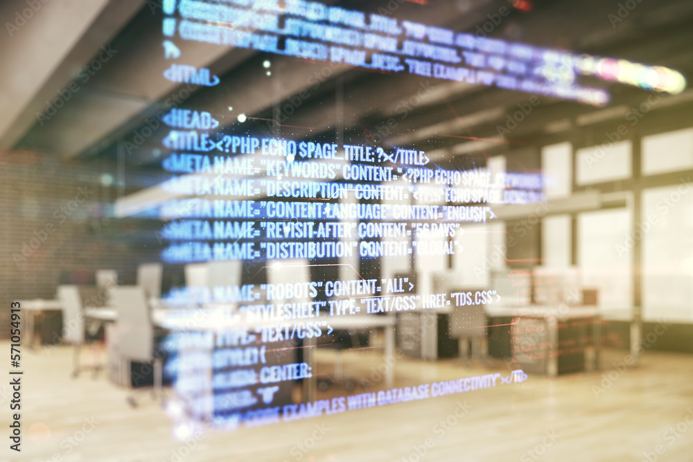 Aufkleber double exposure of abstract creative programming illustration on a modern furnished office interior 