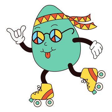 Retro groovy easter egg mascot in trendy cartoon 60s 70s style. Old classic cartoon style. Hippie egg with glasses and roller skates. Flat vector illustration in blue, red colors.