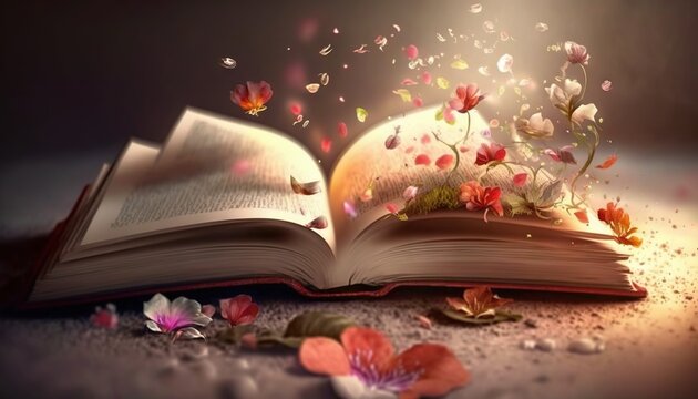  an open book with flowers coming out of it on a table next to petals and petals on the floor, with a light shining on the book.  generative ai
