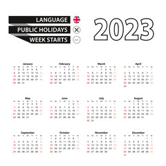 2023 calendar in English language, week starts from Sunday.