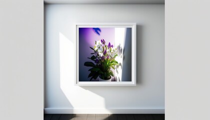  a picture of a vase of flowers in a white frame on a wall with a shadow of a plant on the wall behind it and a window.  generative ai