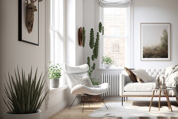 Relaxation zone in a white interior room with an comfortable armchair in the corner with plant and homemade decorations. AI generative