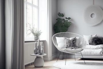 Relaxation zone in a white interior room with an comfortable armchair in the corner with plant and homemade decorations. AI generative