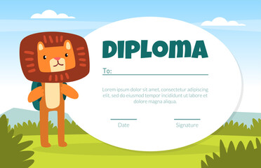 School Diploma with Cute Lion Animal with Backpack Learning Vector Template