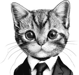 A Cat in A Business Suite, a black and white drawing