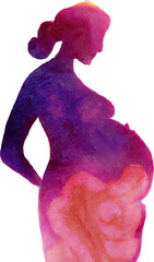 Watercolor Outline of a Pregnant Woman Holding Her Heavily Pregnant Belly